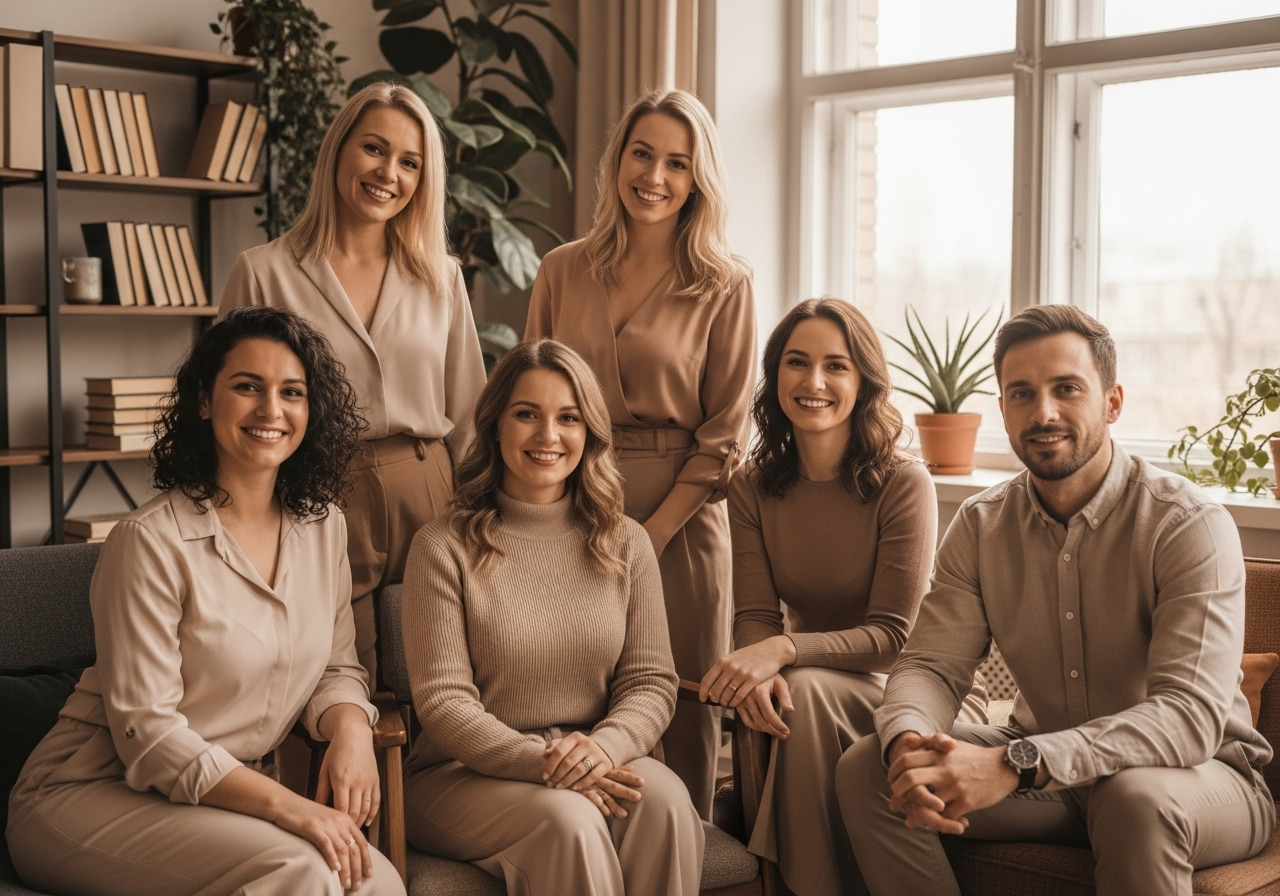 Equipo profesional de psicólogos SanaMente trabajando en un ambiente cálido y acogedor